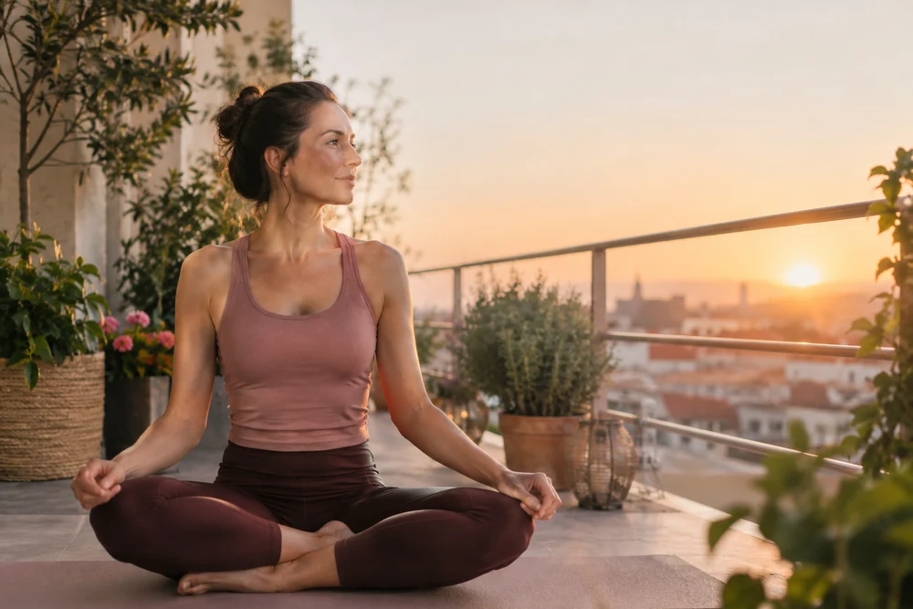 Ce que tu contrôles : une femme fait du yoga sur un balcon au lever du soleil, plantes autour