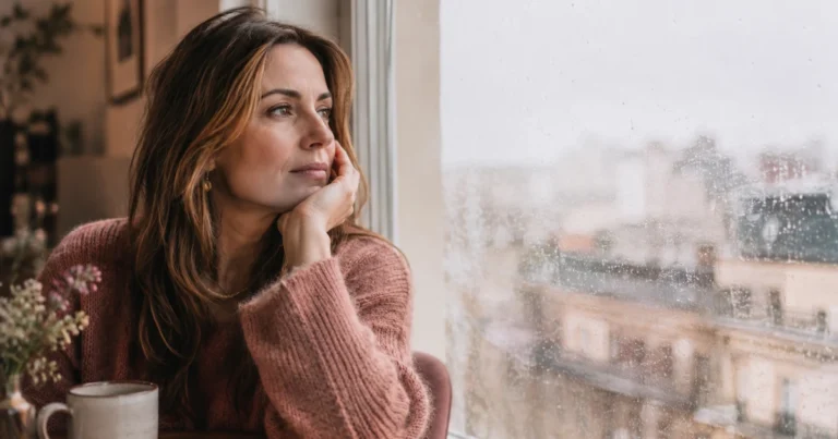 Mon ex regrette mais ne revient pas : un homme seul regarde par la fenêtre d'un appartement, pluie légère sur la vitre