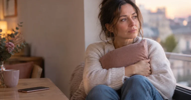 Peur de l'abandon en amour : une femme assise près d'une fenêtre serre un coussin contre elle, téléphone posé à côté
