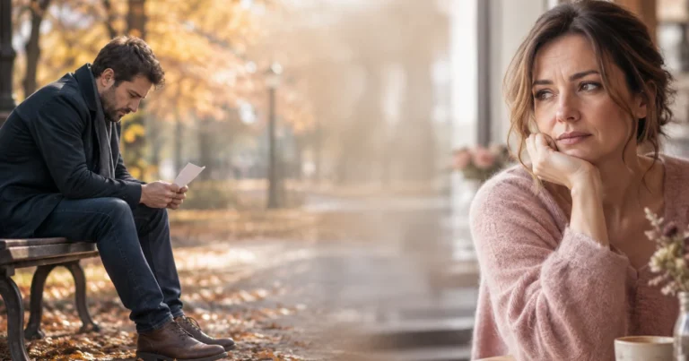 Quand un homme regrette son comportement : un homme assis seul sur un banc, regard baissé, tenant une lettre