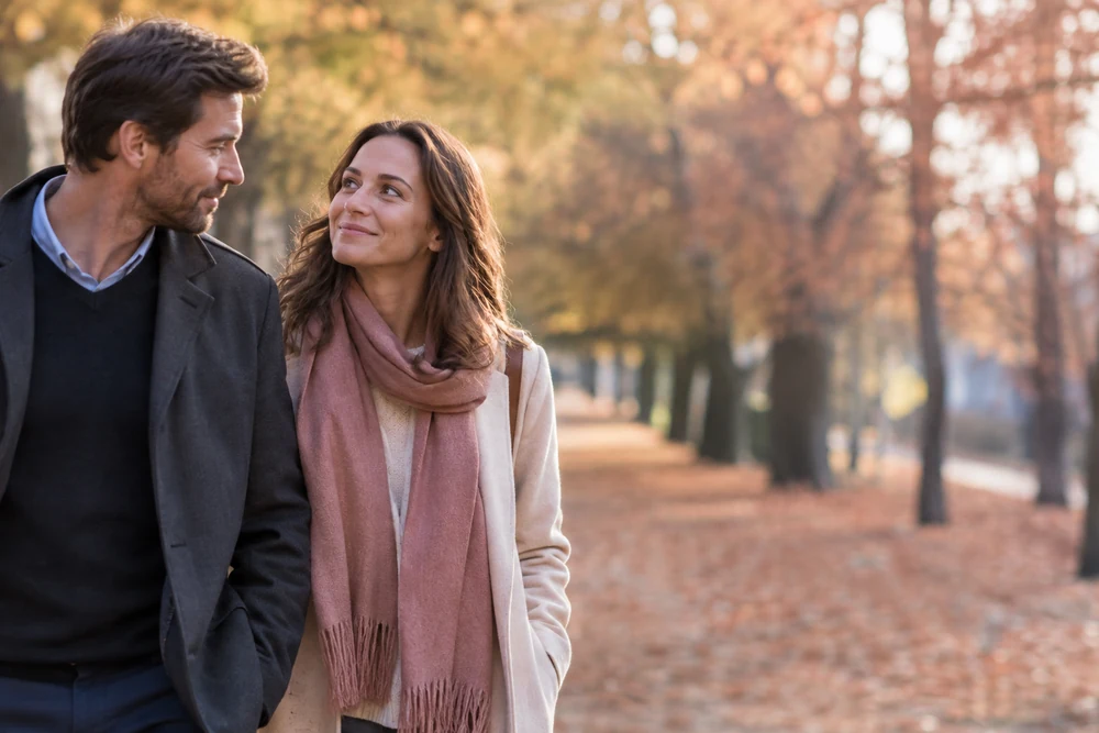 Reconquérir son mari : un couple marche côte à côte dans une allée d'arbres en automne, distance qui se réduit