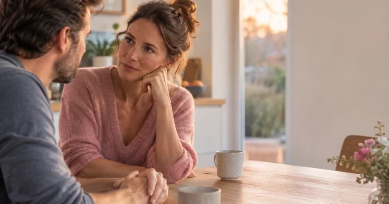 Reconquérir son mari : un couple marié discute calmement à la table de la cuisine, alliances visibles