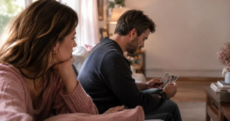 Signes qu'il aime encore son ex : une femme observe son compagnon perdu dans ses pensées devant une vieille photo
