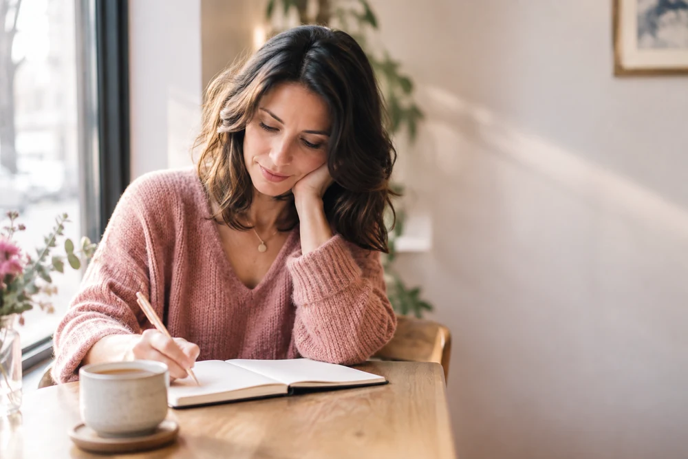 Test styles d'attachement : une femme remplit un questionnaire dans un carnet à une table près d'une fenêtre, tasse de thé
