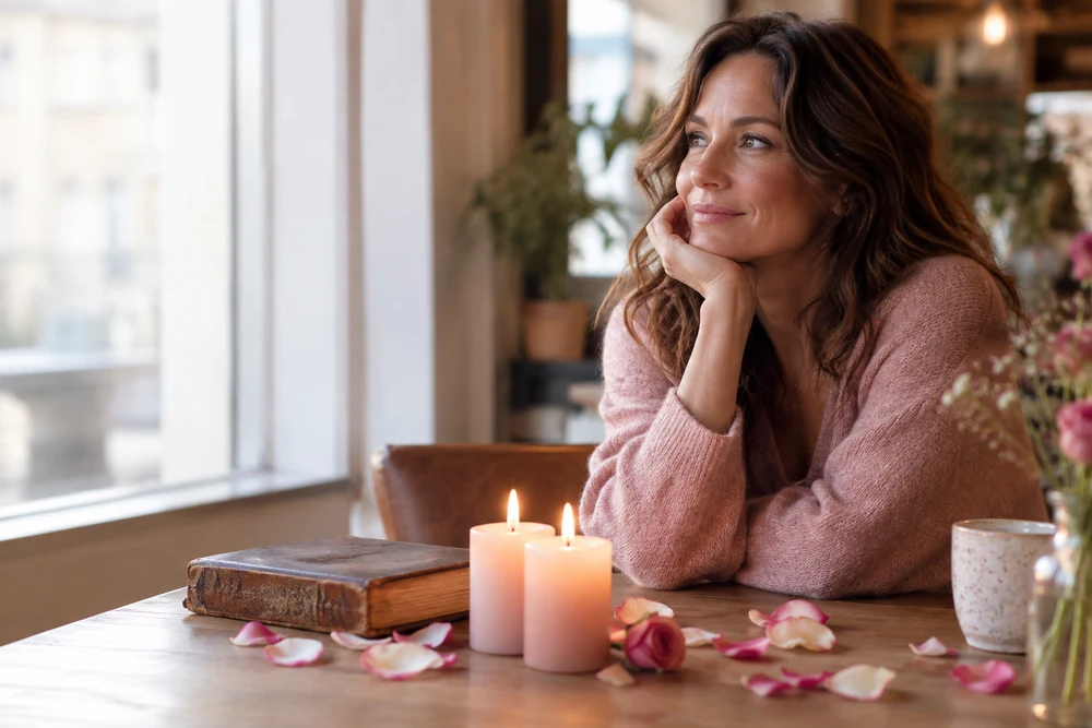 Symbole de l'âme sœur : deux bougies allumées côte à côte près d'un livre ancien et de pétales de rose