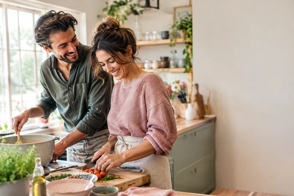 Signes âme sœur : deux personnes rient ensemble en cuisinant dans une cuisine lumineuse, complicité naturelle
